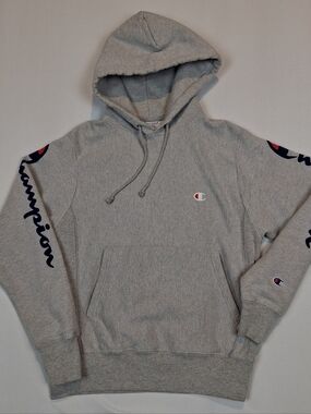 Champion Reverse Weave Hoodie Raised Felt Logo Mens Sm Gray Fleece Pullover GF68